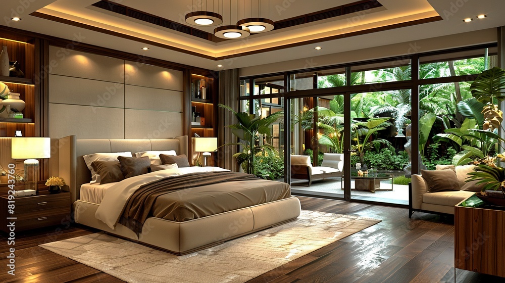 Bedroom with a large bed and lush green plant-covered patio through a sliding glass door Bedroom with a large bed and lush green plant-covered patio through a sliding glass door