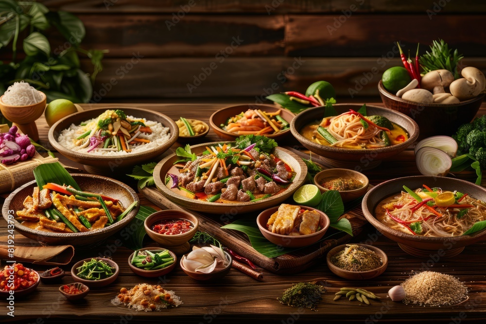 A diverse selection of traditional Thai dishes spread out on a wooden dining table, showcasing a variety of flavors and textures