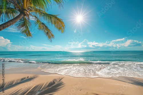 A vibrant summer scene captured from a low angle showcasing a sandy beach with crystal-clear turquoise waters and a palm tree against the backdrop of the ocean
