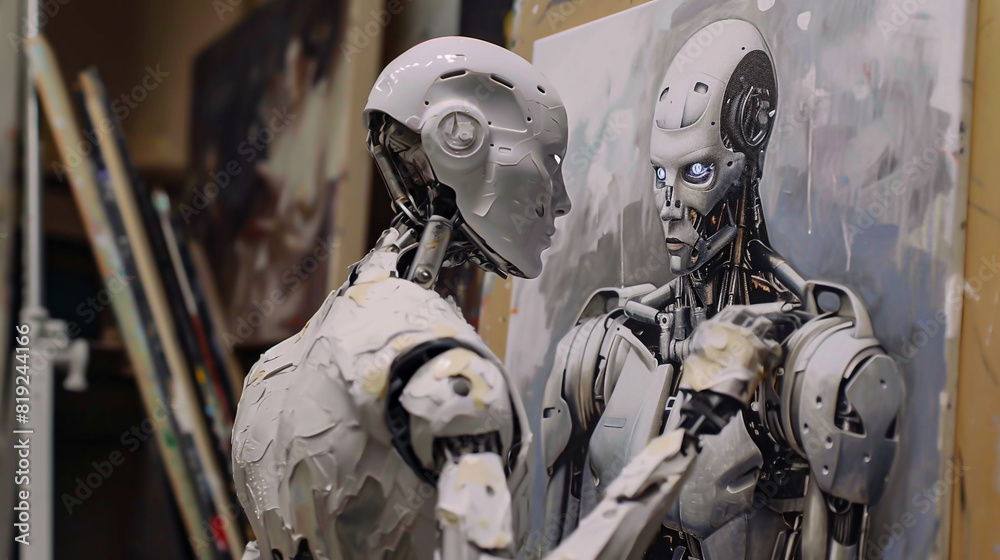 Fototapeta premium Two gray robot looking at each other