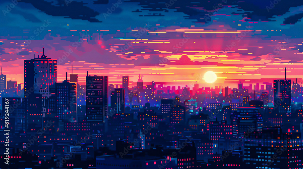 Obraz premium A beautiful cityscape with a sunset over the city.