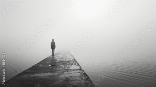 Mysterious figure on foggy pier