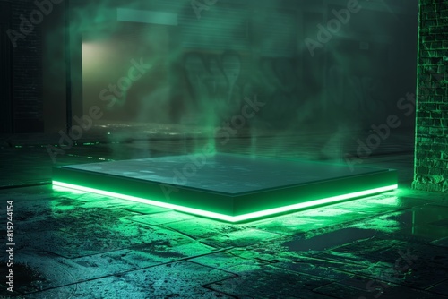 A sleek product display stand illuminated by vibrant green neon lights, creating a glowing square in the room