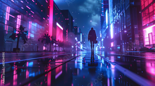 The dark figure of a man in a long coat walks through a city street lit by neon lights, casting a long shadow behind him. © AIsofeel