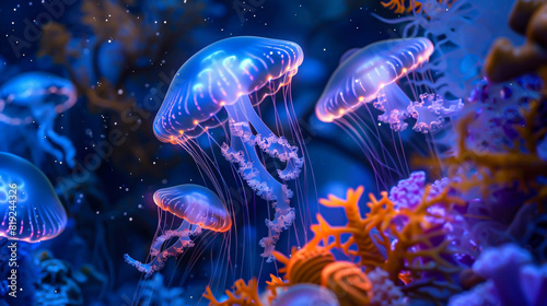 Glowing jellyfish in the dark ocean. © AIsofeel
