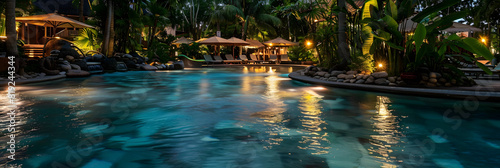 Luxurious tropical resort pool in the night. 