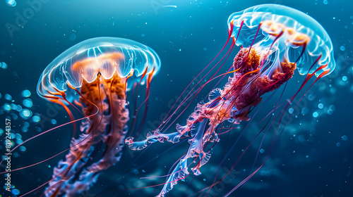 Two jellyfish are swimming in the blue ocean.