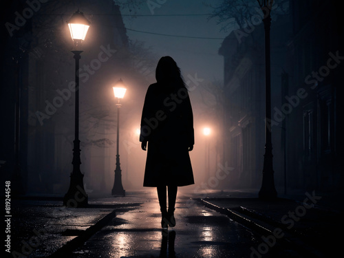 Public safety concept  single woman walking at night  orange light lamps on city street