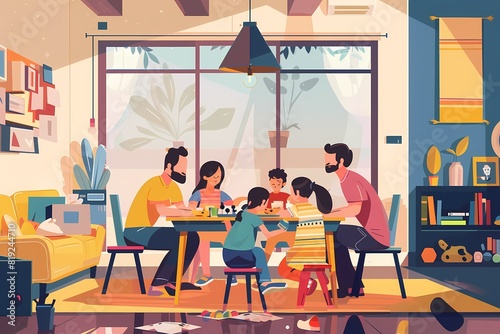 An illustration shows a family playing board games in their living room, with two parents and three children around an empty table. Ai generated