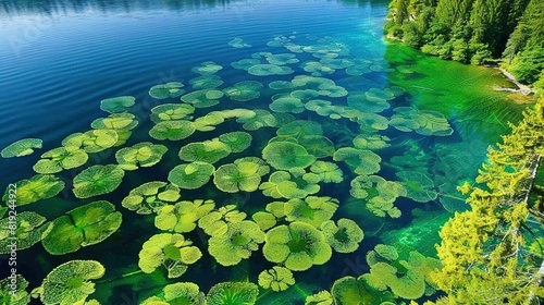   A lush green forest surrounds a tranquil body of water brimming with vibrant waterlilies  gracefully floating atop its surface