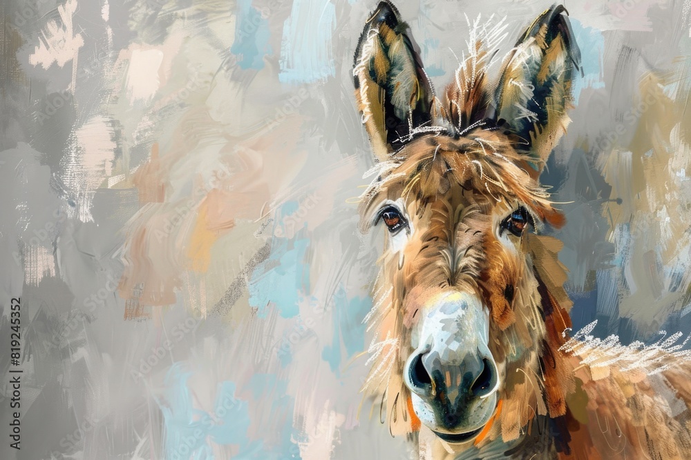 A painting of a donkey looking at the camera. Suitable for various projects