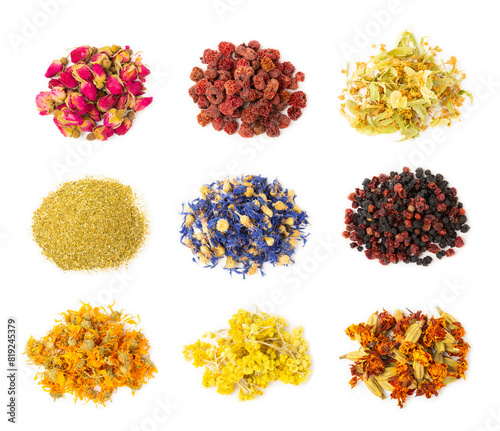 Assortment of dry herbal and berry tea isolated on a white background. Tea party concept. medicinal herbs. Healing herbs.Alternative medicine.Linden, calendula, cornflowers, marigold, tansy, tea rose.