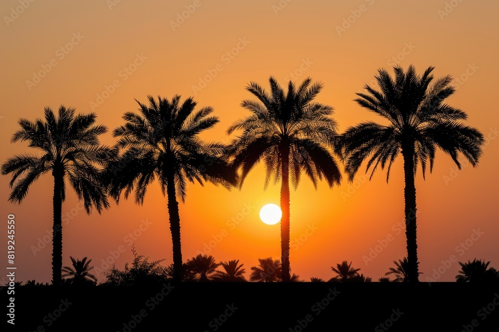 Silhouettes Tree. Palm Trees Silhouetted against Setting Sun with Copy Space