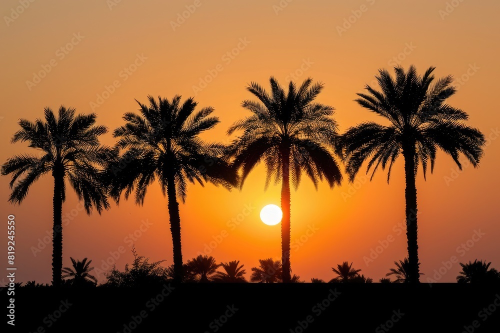 Obraz premium Silhouettes Tree. Palm Trees Silhouetted against Setting Sun with Copy Space