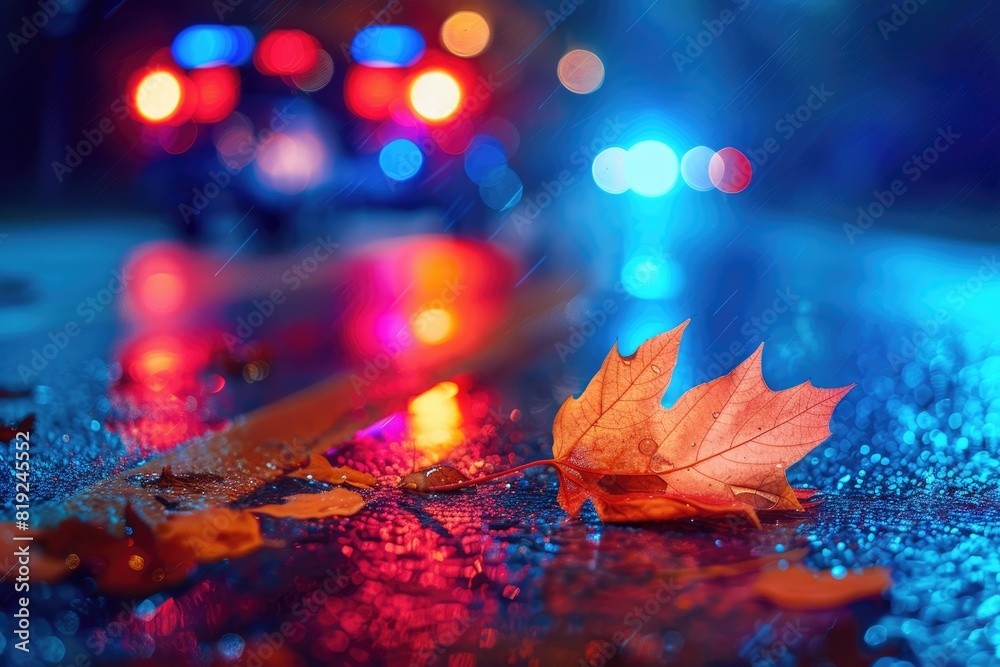 Fall Lights. Autumn Leaf on Road with Police Lights in Background