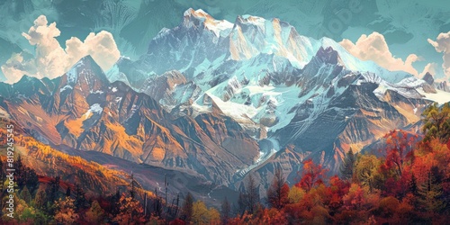 Mountain landscape with snow-capped peaks. Panorama.