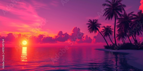 Tropical Dreamscape: Purple and Orange Sunset with Palm Tree Silhouettes © Andrii 