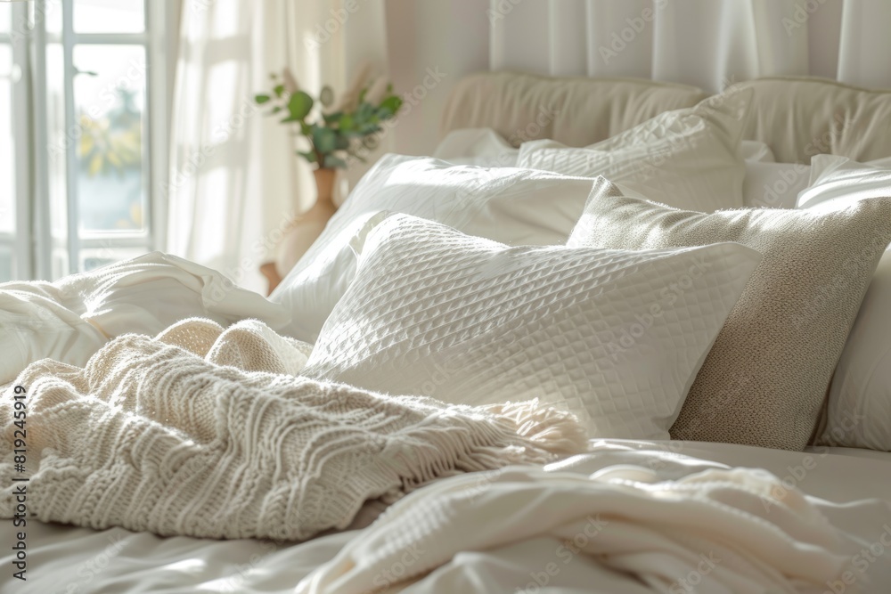 White Bedding. Comfortable Bed with Soft Pillows in Contemporary Room Interior White Bedding. Comfortable Bed with Soft Pillows in Contemporary Room Interior