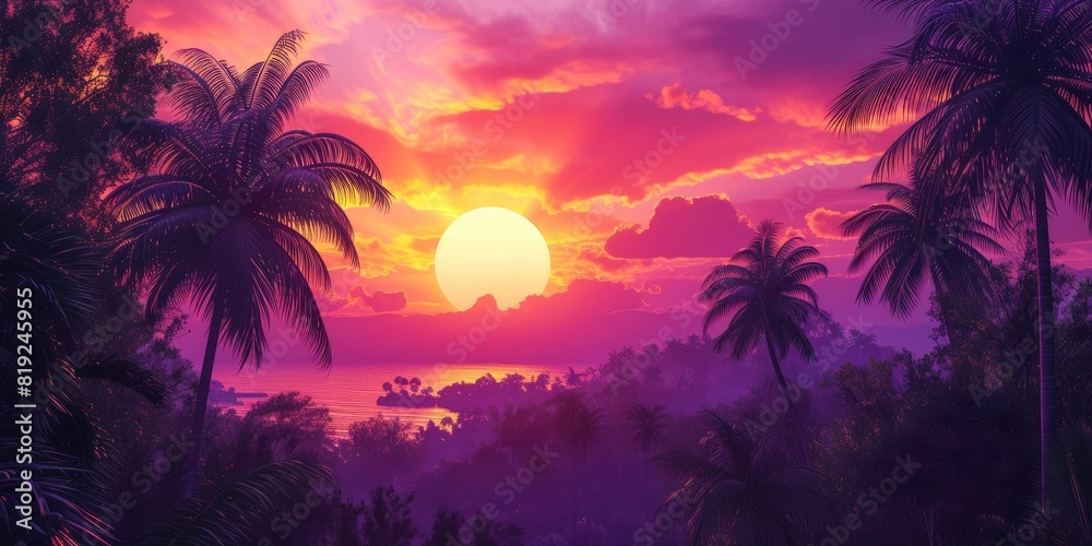 Naklejka premium Evening Glow in Paradise: Purple, Orange, and Pink Sunset with Palms