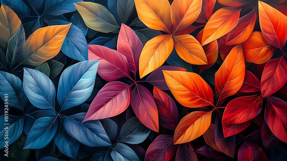 Vibrant multicolored leaves in a geometric pattern, featuring hues of blue, red, and orange. Ideal for nature-inspired designs or backgrounds. Vibrant multicolored leaves in a geometric pattern, featuring hues of blue, red, and orange. Ideal for nature-inspired designs or backgrounds.