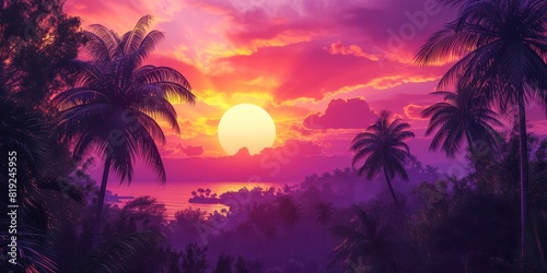 Evening Glow in Paradise: Purple, Orange, and Pink Sunset with Palms