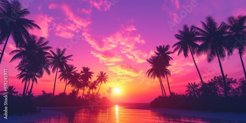 Sunset Spectacle: Purple and Orange Sky with Silhouetted Palm Trees © Andrii 