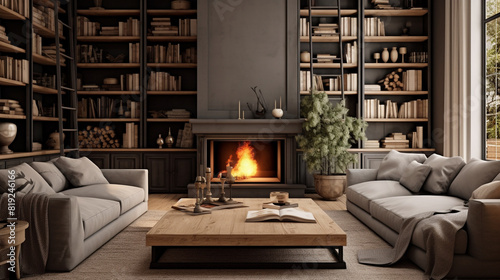 A cozy living room with a fireplace, showcasing a gray sofa, a wooden coffee table, and shelves filled with books. © Faisu