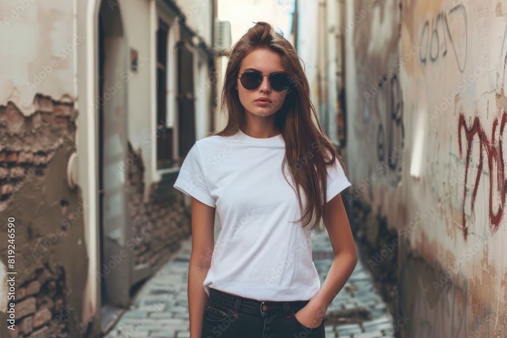 Shirt Girl. Hipster Woman in Fashionable Street Style T-Shirt and Sunglasses Shirt Girl. Hipster Woman in Fashionable Street Style T-Shirt and Sunglasses