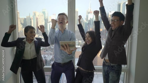 Business colleagues coworkers celebrating success teamwork accomplishment photo