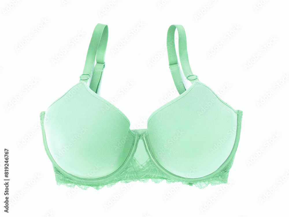 Green bra on white background. Cotton and lace fabric. Green bra on white background. Cotton and lace fabric.