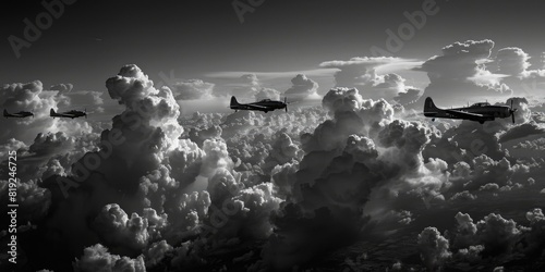 Muted noir noire black and white cloudscape with WWII airplanes in flight. Bombers attacking. In flight
