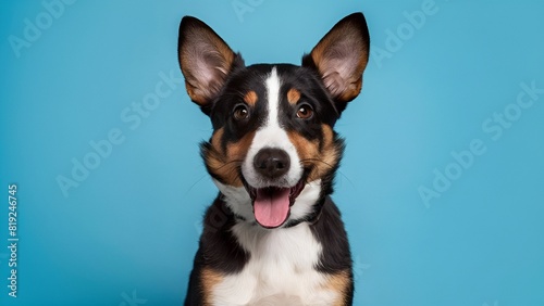 Cachorro preto com branco com fundo azul