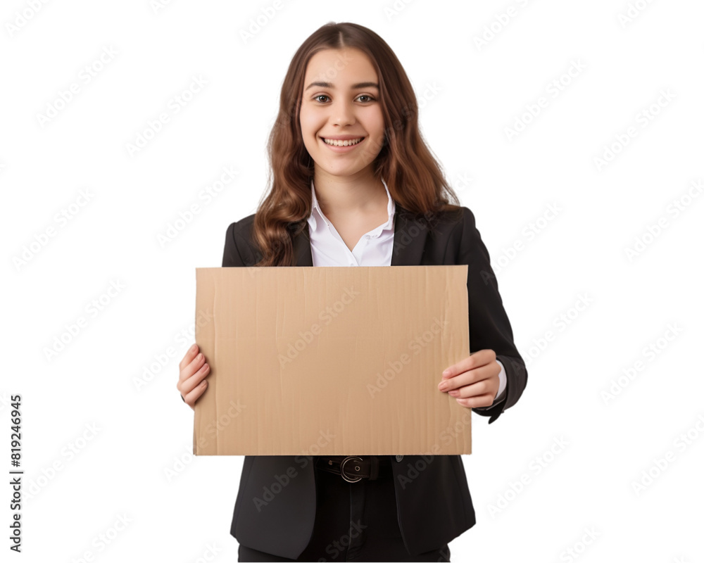 Woman holding a cardboard sign on transparent background Woman holding a cardboard sign on transparent background