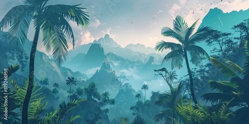 Mysterious jungle  palm trees and mountains at the top of hill with a mountain range around it  digital art