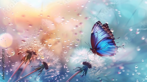 Natural pastel background. Morpho butterfly and dandelion. Seeds of a dandelion flower in drops of water on a background of sunrise photo