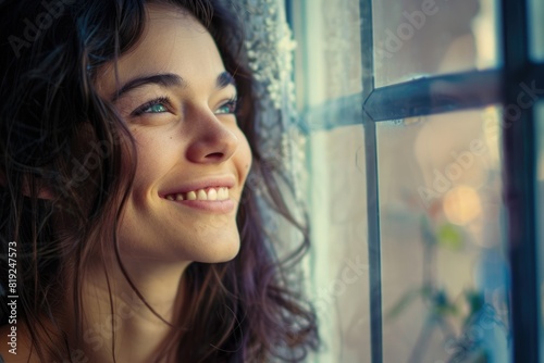 Woman Window. Contemplative Happy Woman Looking Through Window with Smiling Expression