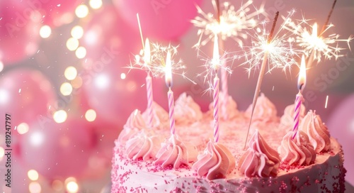 Pink Birthday Party. Many Pink candles on Pink Birthday Cake with Sparklers on Pink Background.