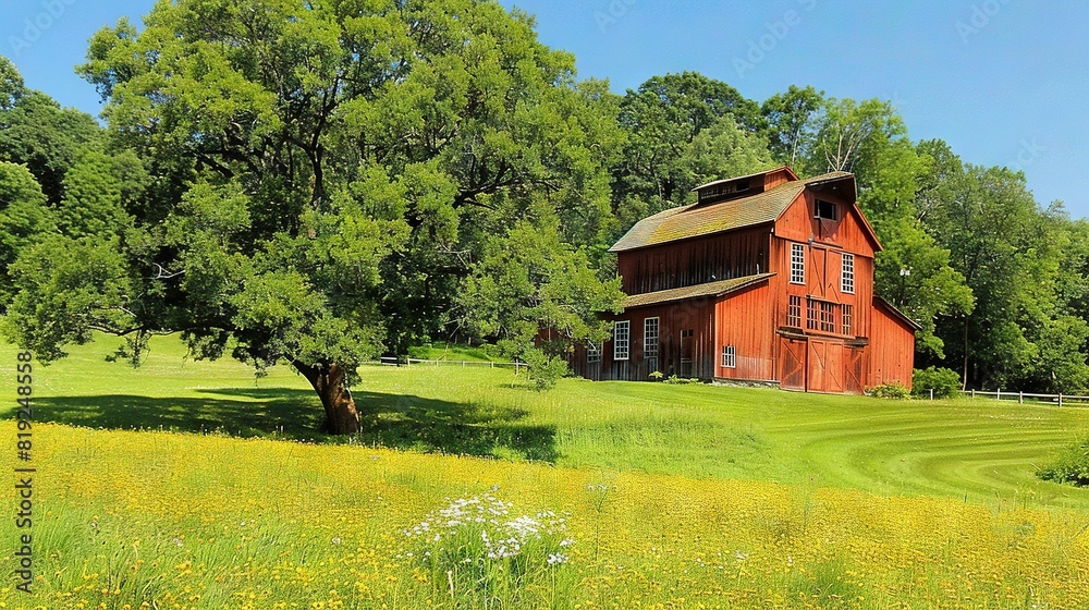 Fototapeta premium Red Barn in Field with Tree and Wildflowers