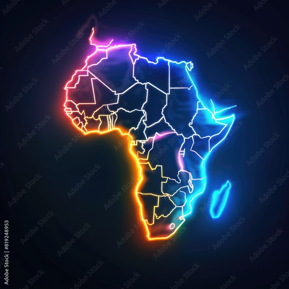Neon glowing African flag with map inside.