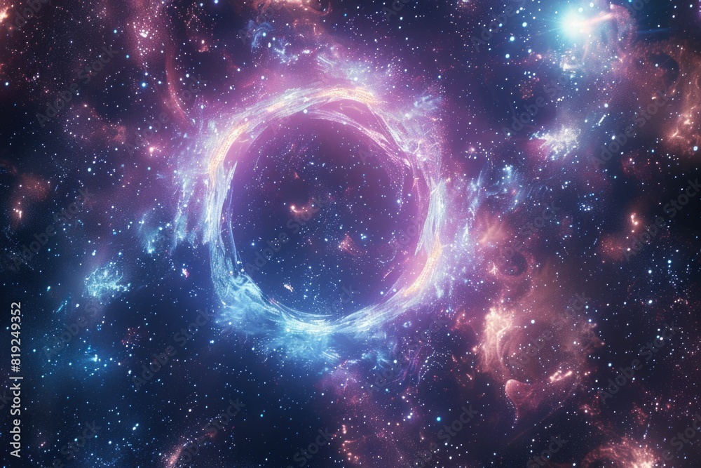 Neon portal to another world. Space with stars