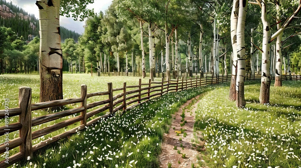   A painting of a lush green field, dotted with trees, and featuring a winding path that leads to a serene forest adorned with sparkling white blooms