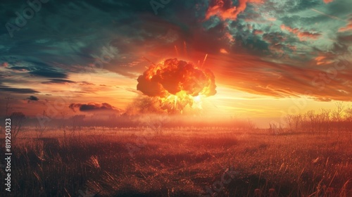 Nuclear explosion radioactive in nature landscape apocalyptic background photo