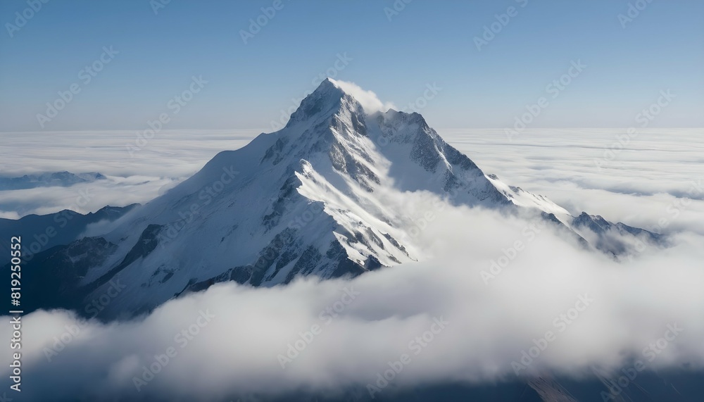 A snow capped mountain peak rising above the cloud
