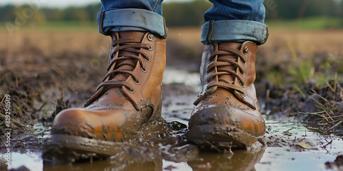 A pair of worn brown leather boots trudge through a muddy field, the owner's determination clear on their weathered surface.