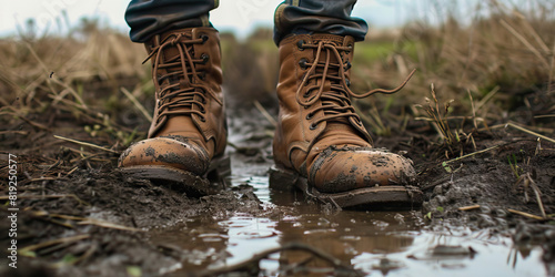 A pair of worn brown leather boots trudge through a muddy field, the owner's determination clear on their weathered surface.