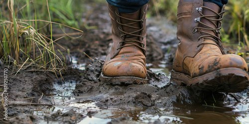 A pair of worn brown leather boots trudge through a muddy field, the owner's determination clear on their weathered surface.