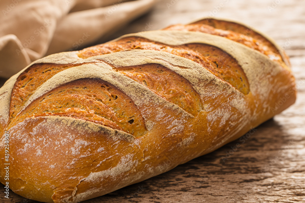 Bread. Close up of rustic bread loaf on wooden table. Baker or chef holding fresh made bread. Sourdough bread with crispy crust on wooden shelf. Bakery goods. Loaves of different bread and wheat ears.