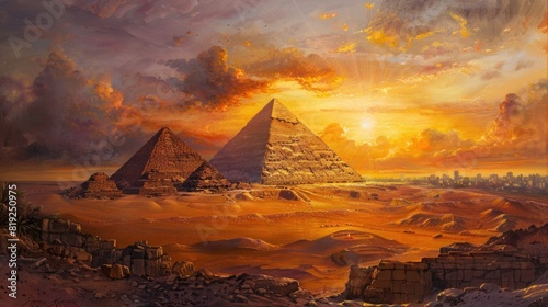 Oil color painting of the Great Pyramid of Giza at sunset  Egypt