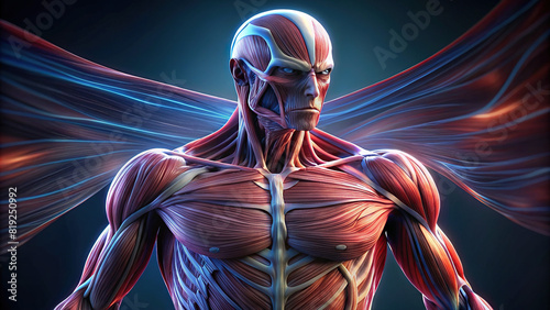 Close-up of human muscles showing fibers, striations, and muscle tone