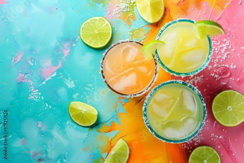 Three margaritas with lime garnishes arranged on a colorful surface, perfect for a festive Cinco de Mayo celebration photo